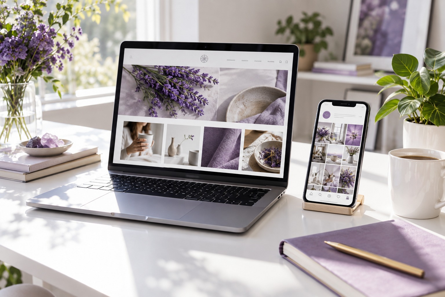 A coordinated business website and social presence on a laptop and phone