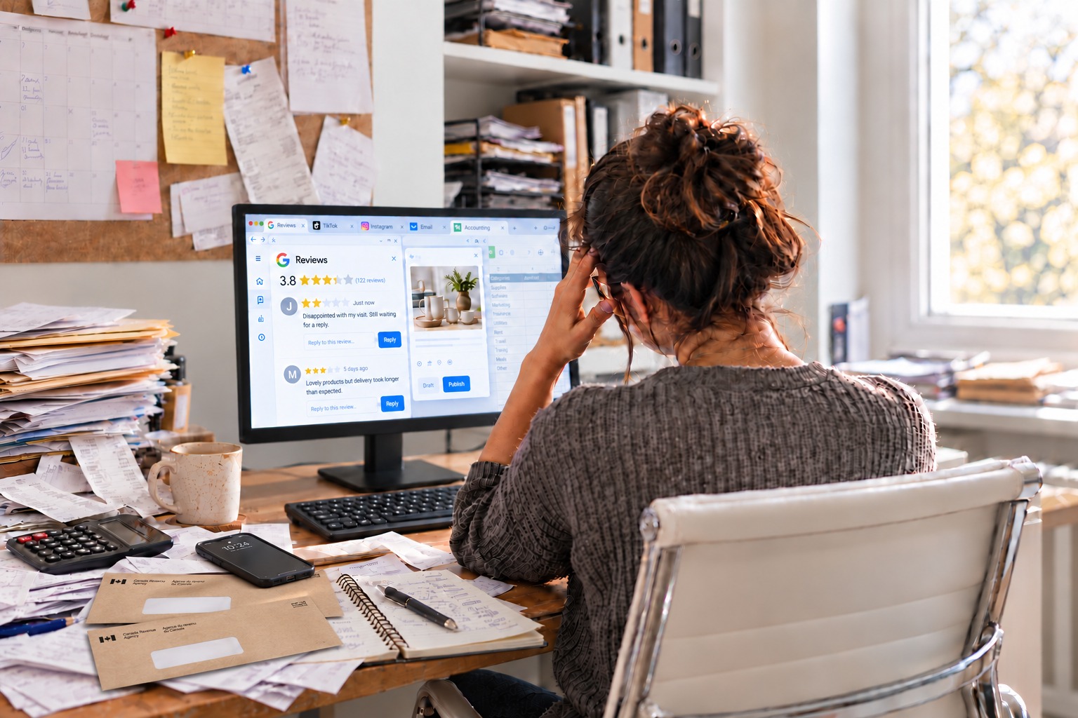 A business owner juggling reviews, social media and paperwork