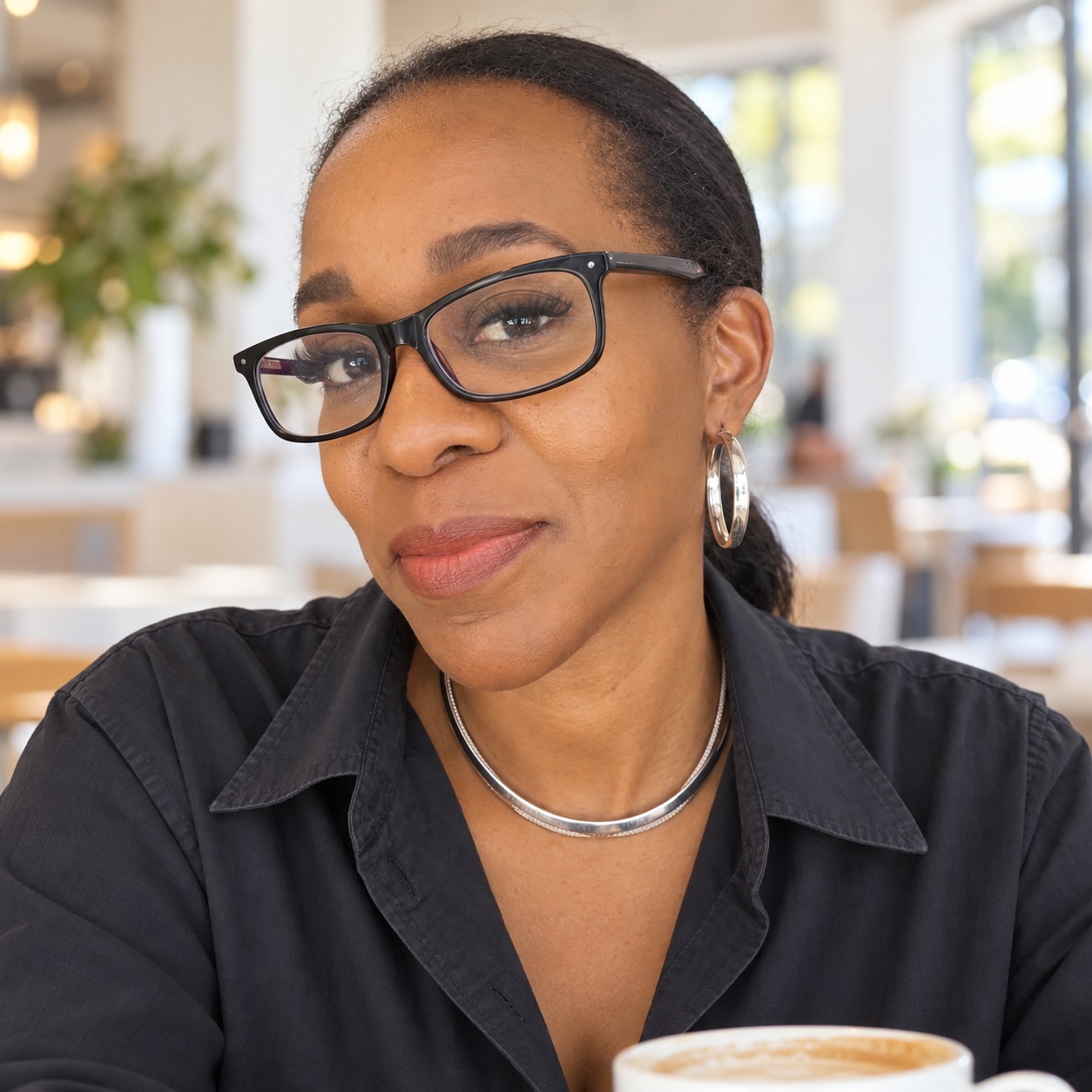 Urla with her glasses on and hair pulled back, welcoming you for coffee